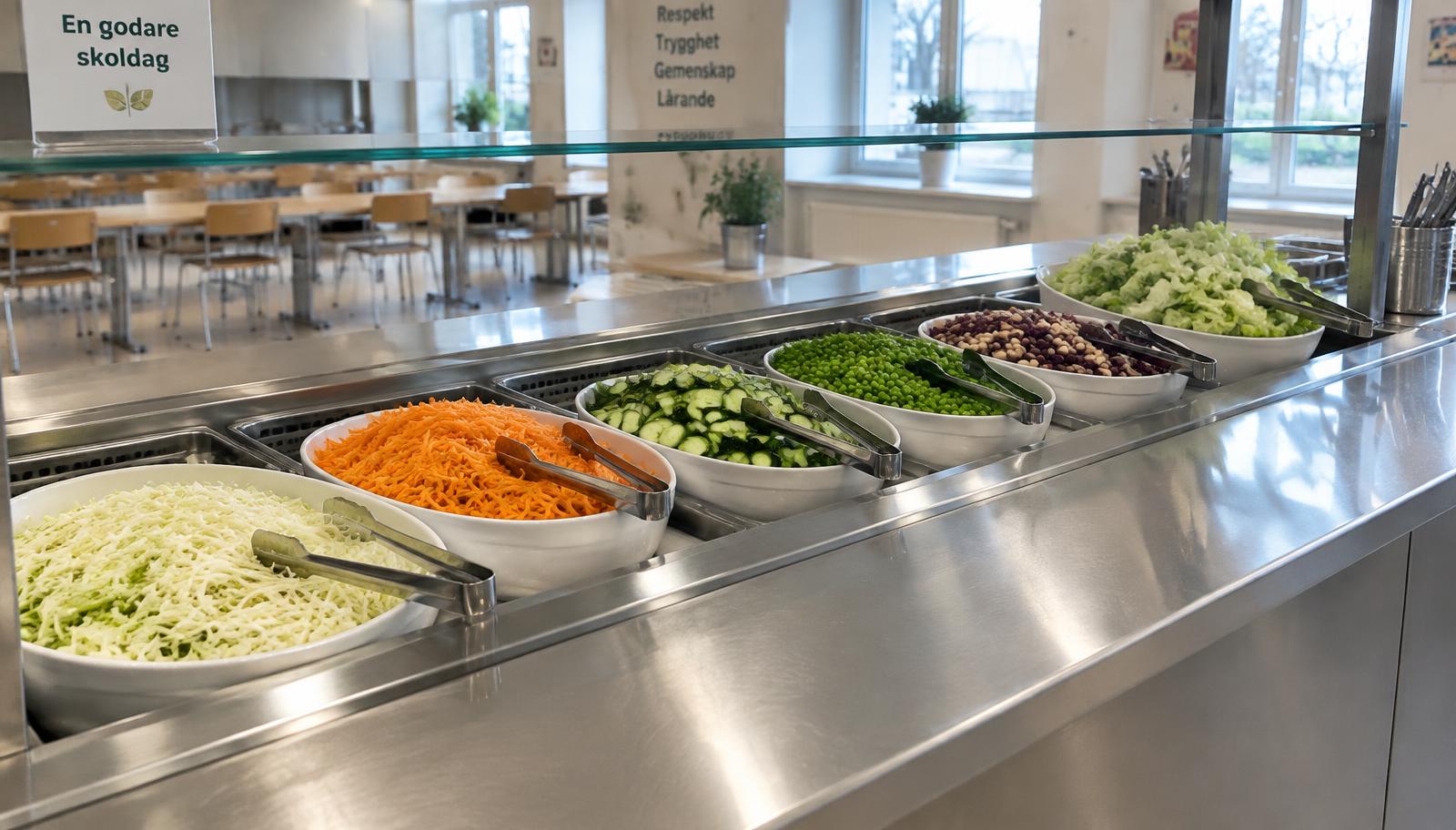 A Swedish school salad bar with shredded cabbage, carrots, cucumber, peas and beans