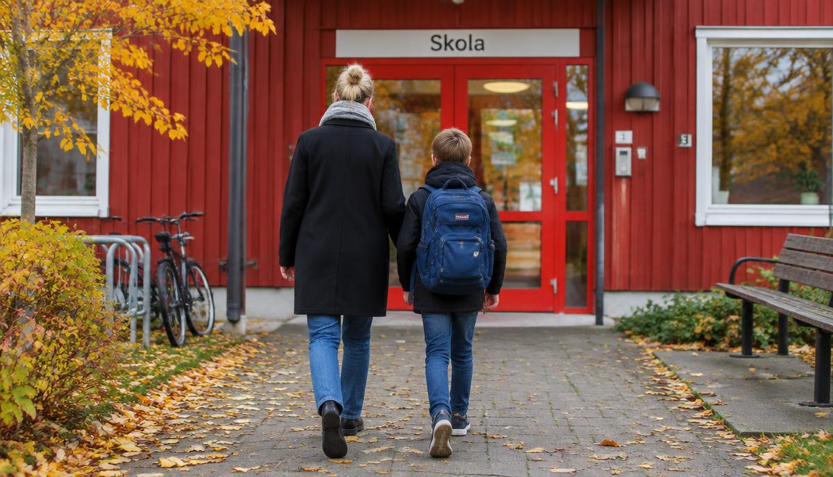 En förälder och ett skolbarn med blå ryggsäck går mot en röd svensk skolbyggnad en höstdag, sedda bakifrån
