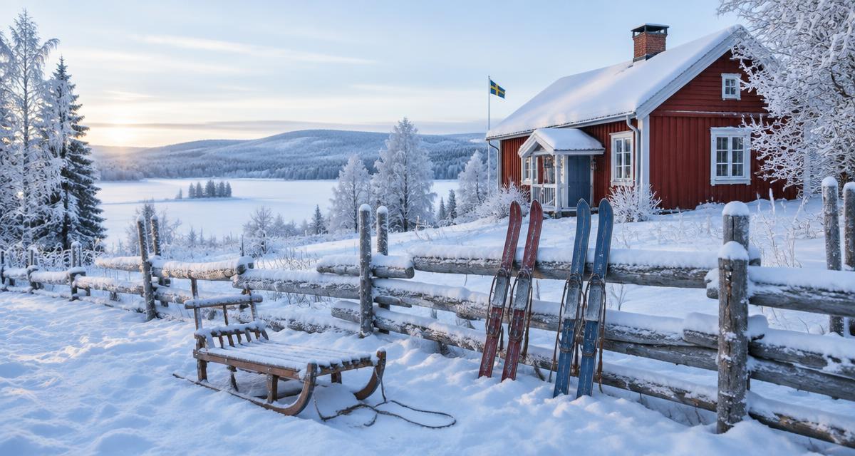 Snowy Swedish countryside with a red cottage, a wooden sledge and children's skis by a fence