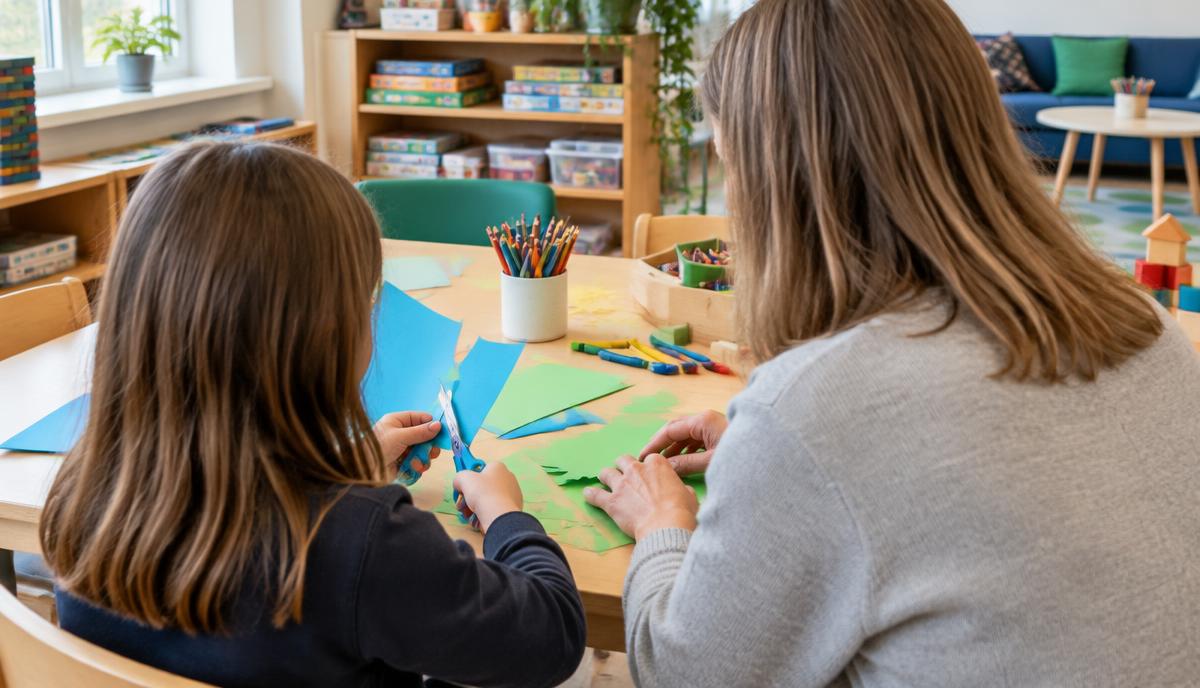 Ett barn som pysslar med papper tillsammans med en pedagog på fritids