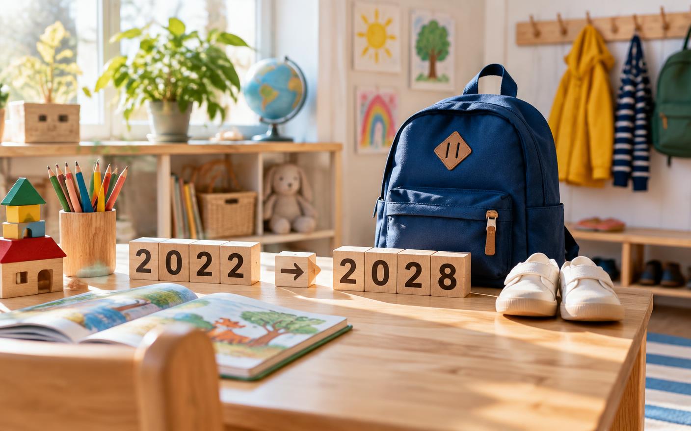 En skolryggsäck och sifferklossar som visar vägen från födelseåret 2022 till skolstarten 2028