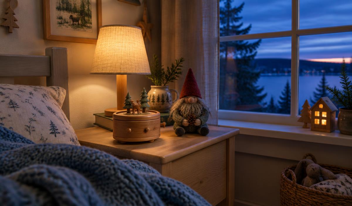 Cozy bedside music box and a small forest troll at dusk