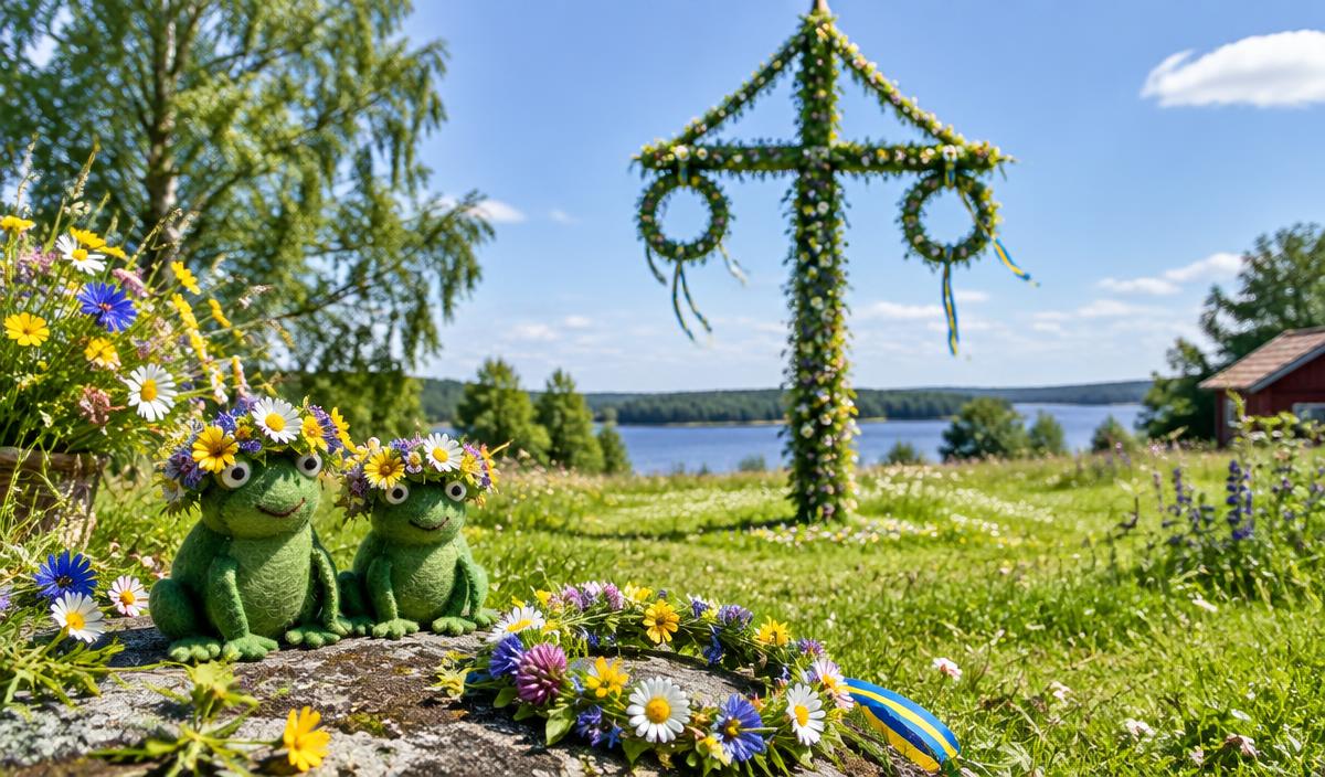 Midsummer pole and frog puppets at a Swedish summer celebration