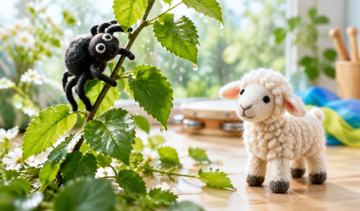 Handmade spider and lamb puppets for Imse Vimse Spindel and Bä bä vita lamm