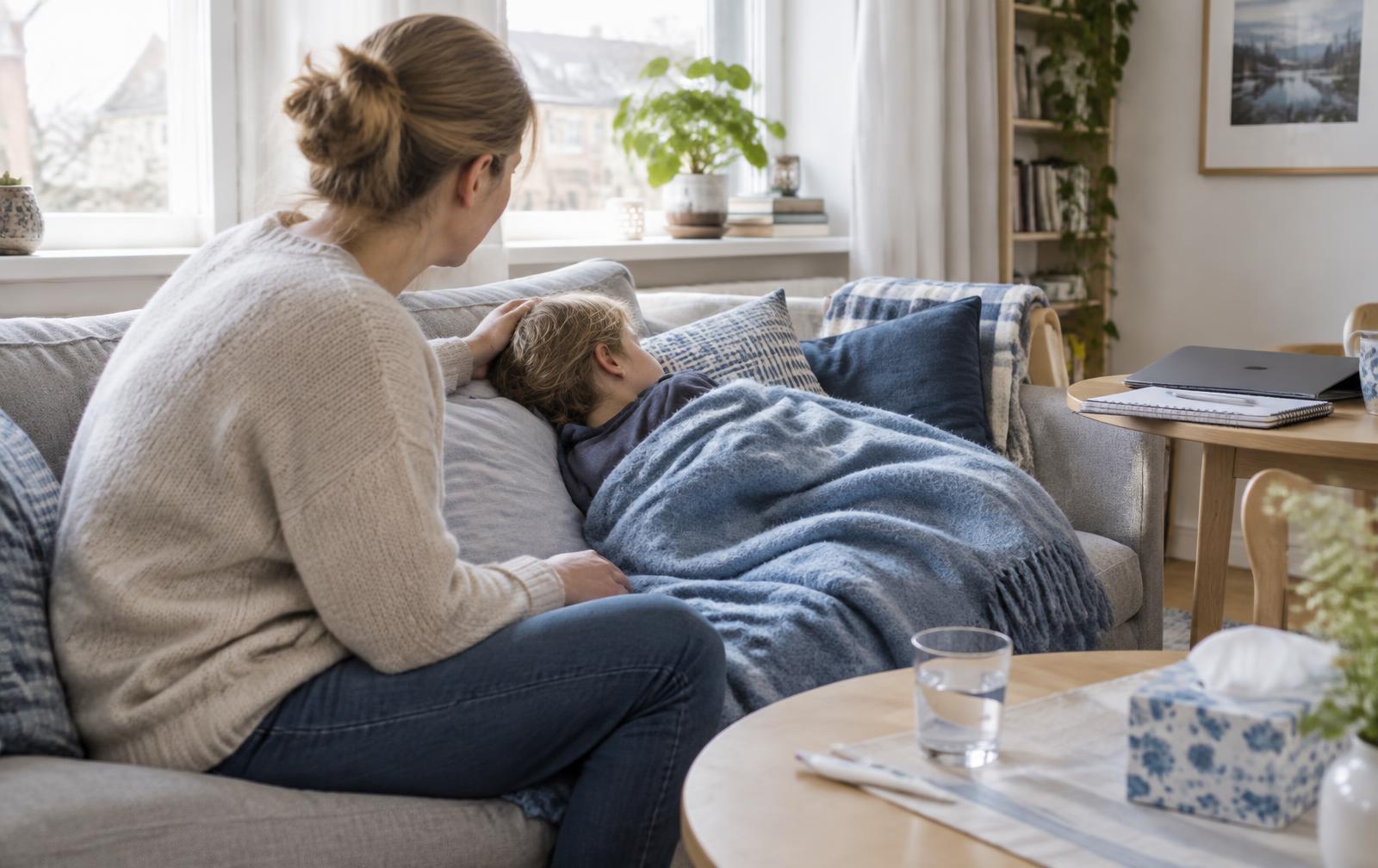 En förälder tar hand om ett sjukt barn som vilar hemma