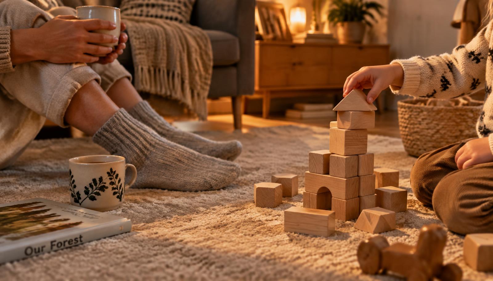 A parent with a cup of tea sitting on the floor while a child builds a wooden block tower